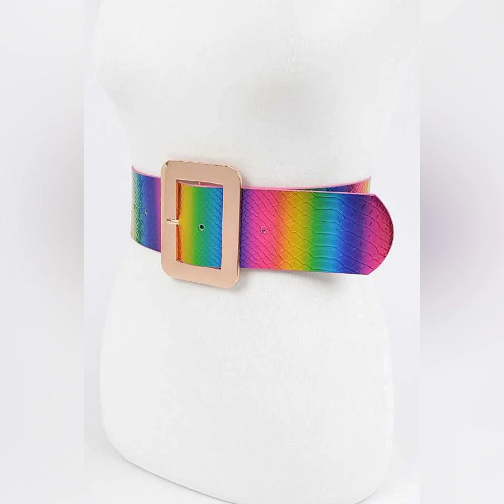 Rainbow Vegan Leather Snakeskin Animal Print Statement Belt